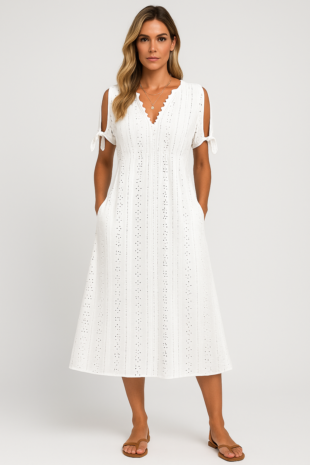 Vestido Zoe Midi em Lese com Botões no Decote