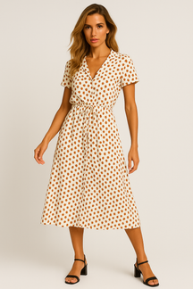 Vestido Helena Midi Manga Curta e Decote V