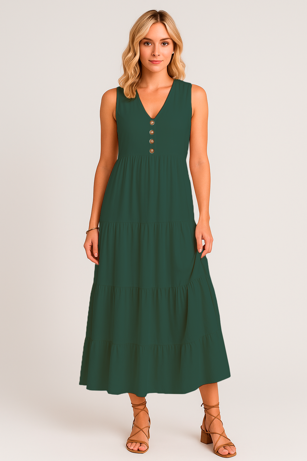 Vestido Maia Decote V com Botões e Saia 3 Marias