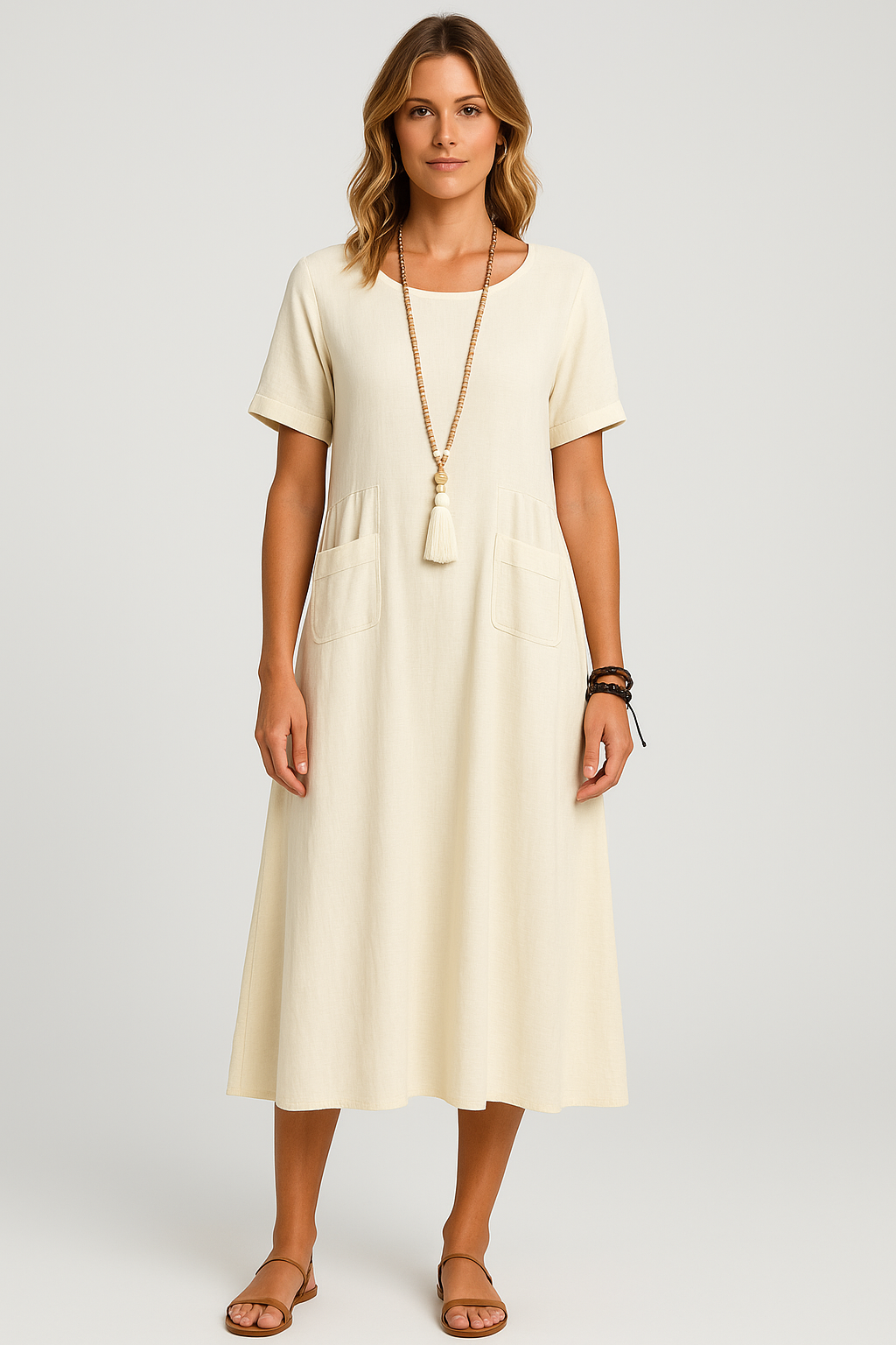 Vestido Giulia Midi  Manga Curta Corte Amplo Decote Redondo