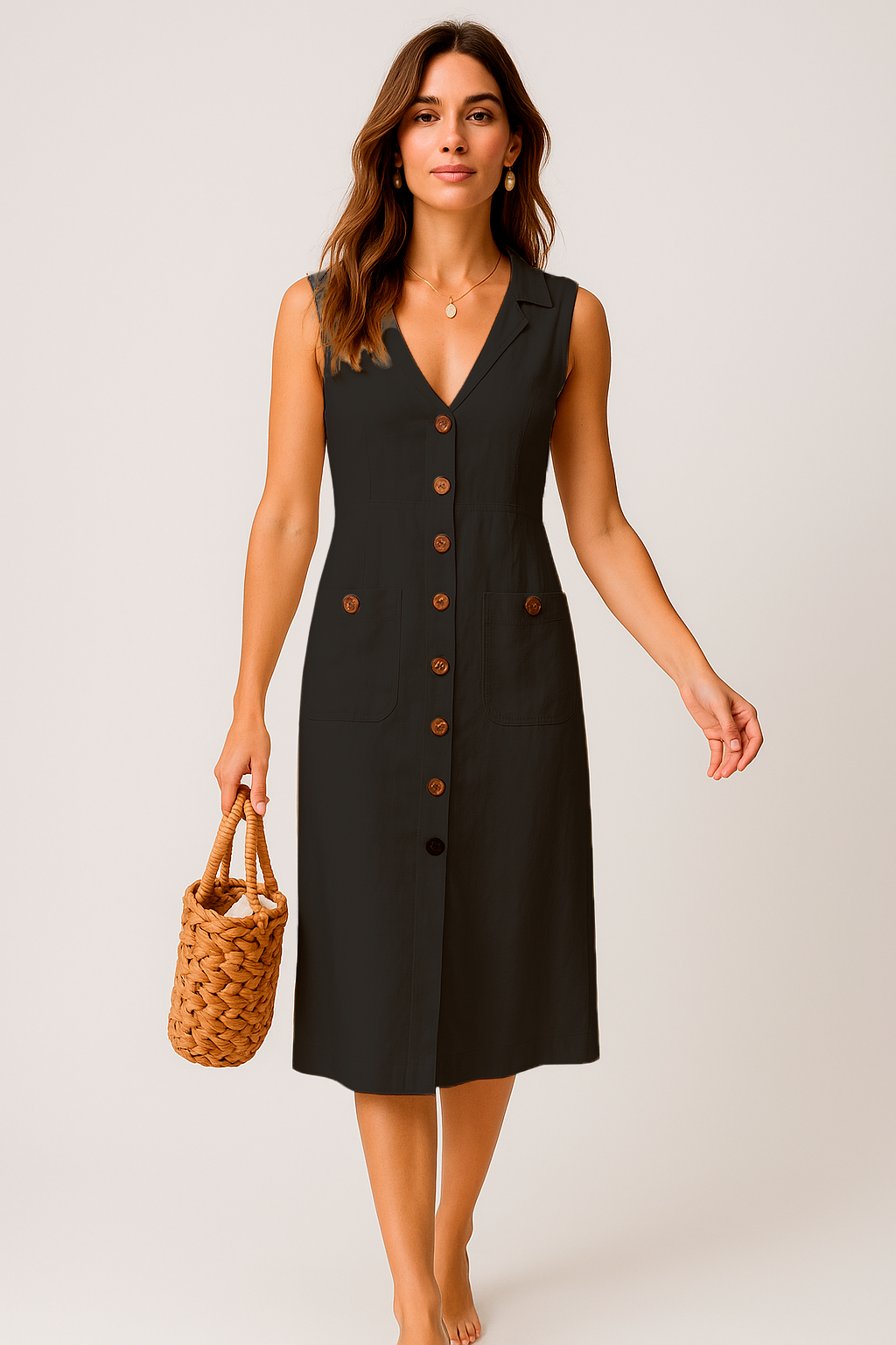 Vestido Cecília Midi Decote V com Gola Botões e Bolsos Frontais