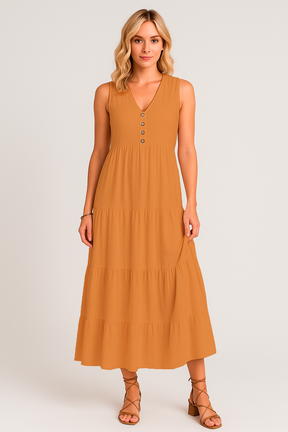 Vestido Maia Decote V com Botões e Saia 3 Marias