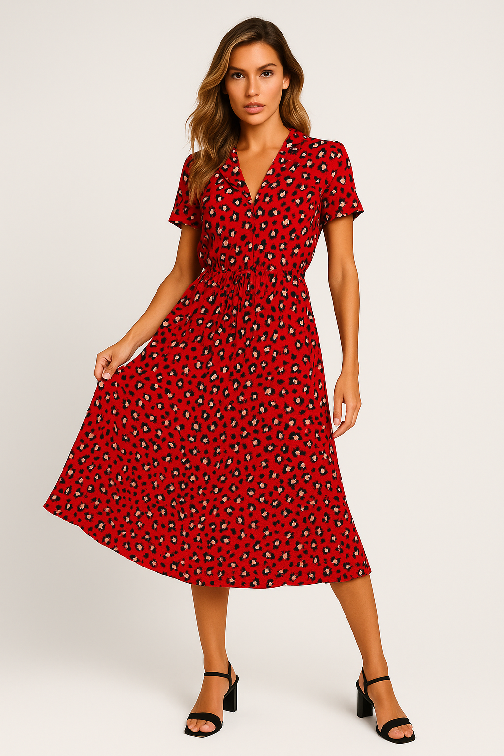 Vestido Helena Midi Manga Curta e Decote V