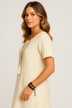 Vestido Giulia Midi  Manga Curta Corte Amplo Decote Redondo