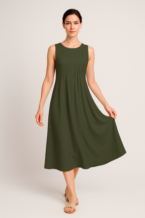 Vestido Eloá Midi sem Mangas Pregas no Decote e Bolsos Frontais