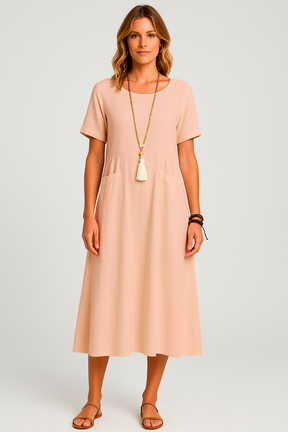 Vestido Giulia Midi  Manga Curta Corte Amplo Decote Redondo