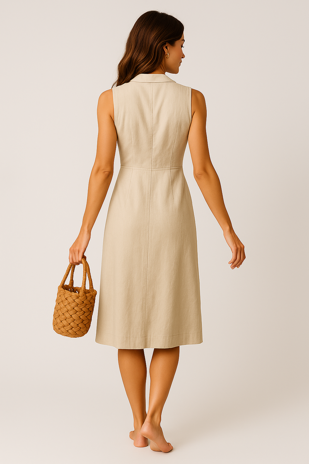 Vestido Cecília Midi Decote V com Gola Botões e Bolsos Frontais