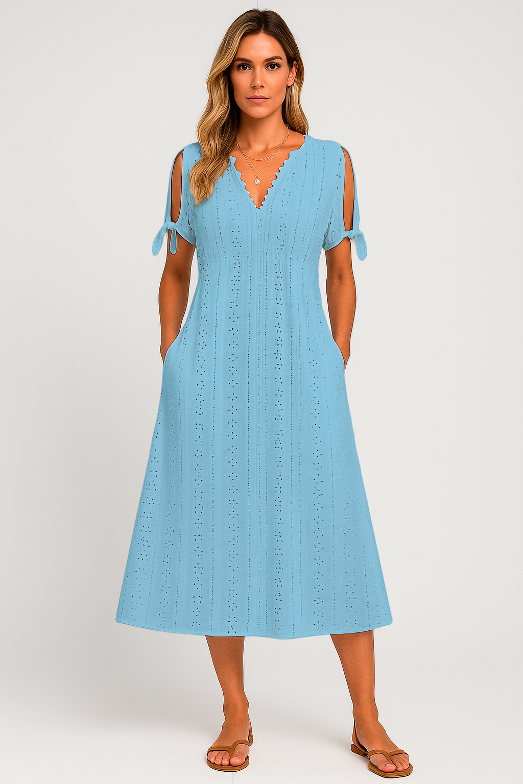 Vestido Zoe  Midi em Lese com Botões no Decote