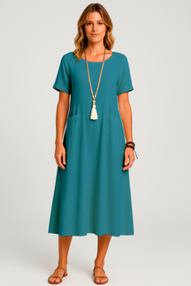 Vestido Giulia Midi  Manga Curta Corte Amplo Decote Redondo