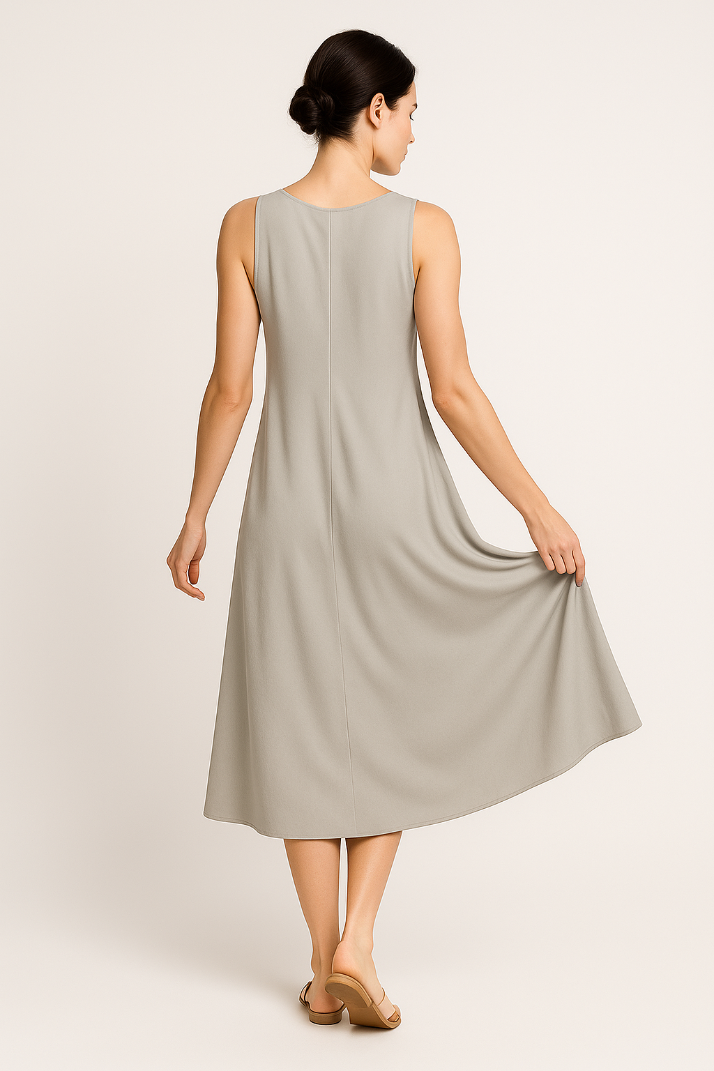 Vestido Eloá Midi sem Mangas Pregas no Decote e Bolsos Frontais