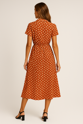 Vestido Helena Midi Manga Curta e Decote V