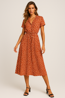 Vestido Helena Midi Manga Curta e Decote V