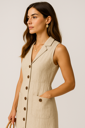 Vestido Cecília Midi Decote V com Gola Botões e Bolsos Frontais