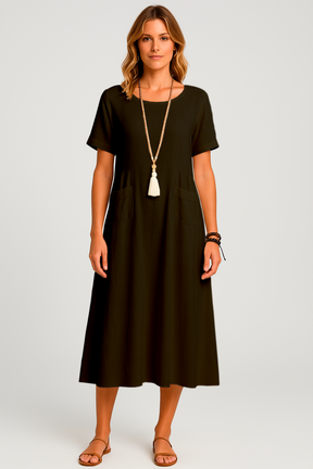 Vestido Giulia Midi  Manga Curta Corte Amplo Decote Redondo