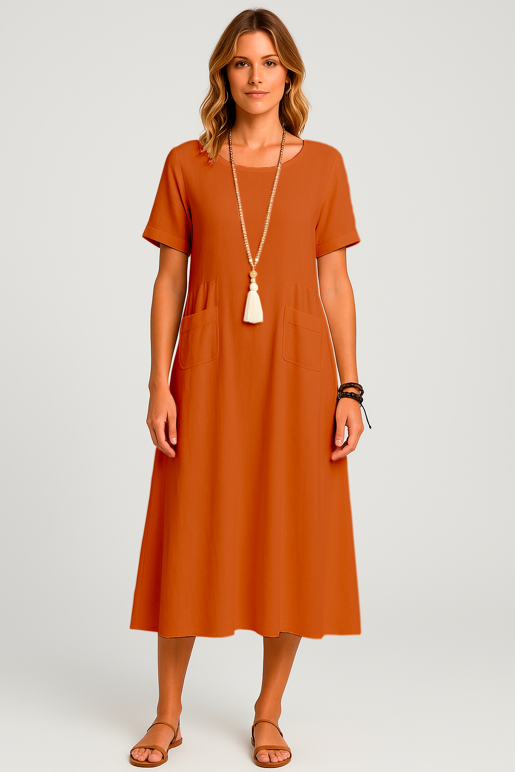 Vestido Giulia Midi  Manga Curta Corte Amplo Decote Redondo