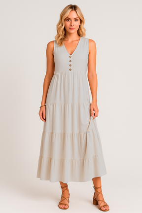 Vestido Maia Decote V com Botões e Saia 3 Marias