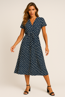 Vestido Helena Midi Manga Curta e Decote V